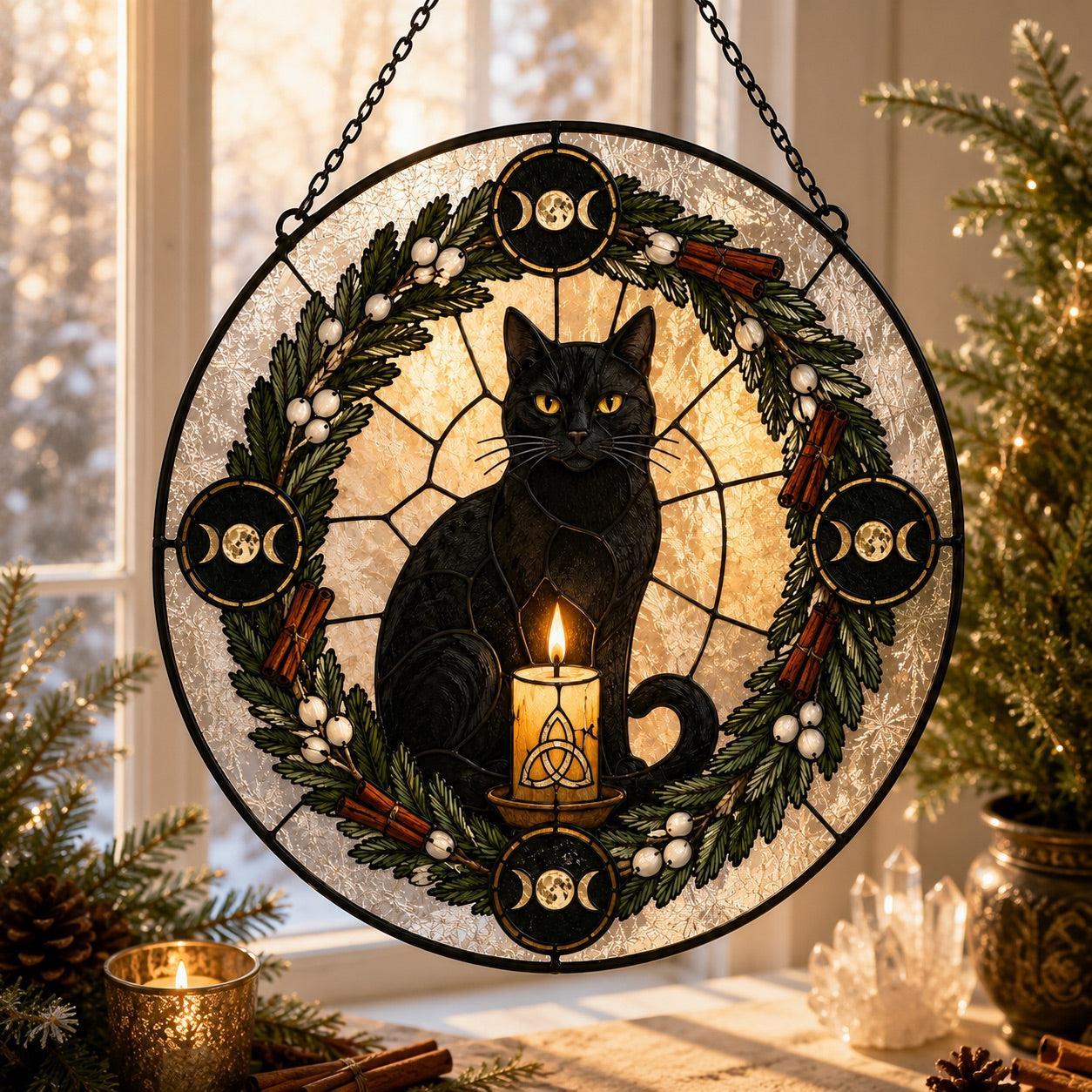 Black Cat Yule Wreath Glass Suncatcher - sunlight glow