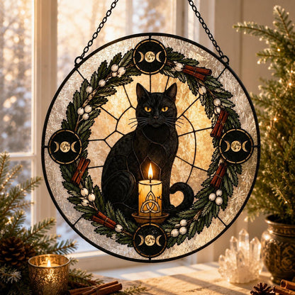 Black Cat Yule Wreath Glass Suncatcher - sunlight glow