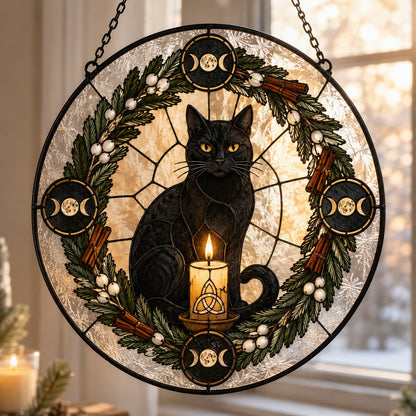 Black Cat Yule Wreath Glass Suncatcher - window display