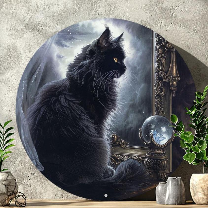Black Cat and Magic Ball Metal Sign Mystic Home Decor-MoonChildWorld