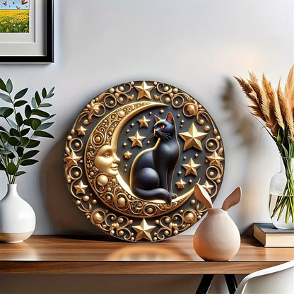 Black Cat and Moon Metal Tin Sign Witchy Cat Wall Art for Wiccan Christmas Decor-MoonChildWorld
