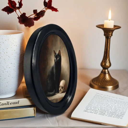 Black Cat and Skeleton Oval Picture Frame Wall Decoration – styled on wall