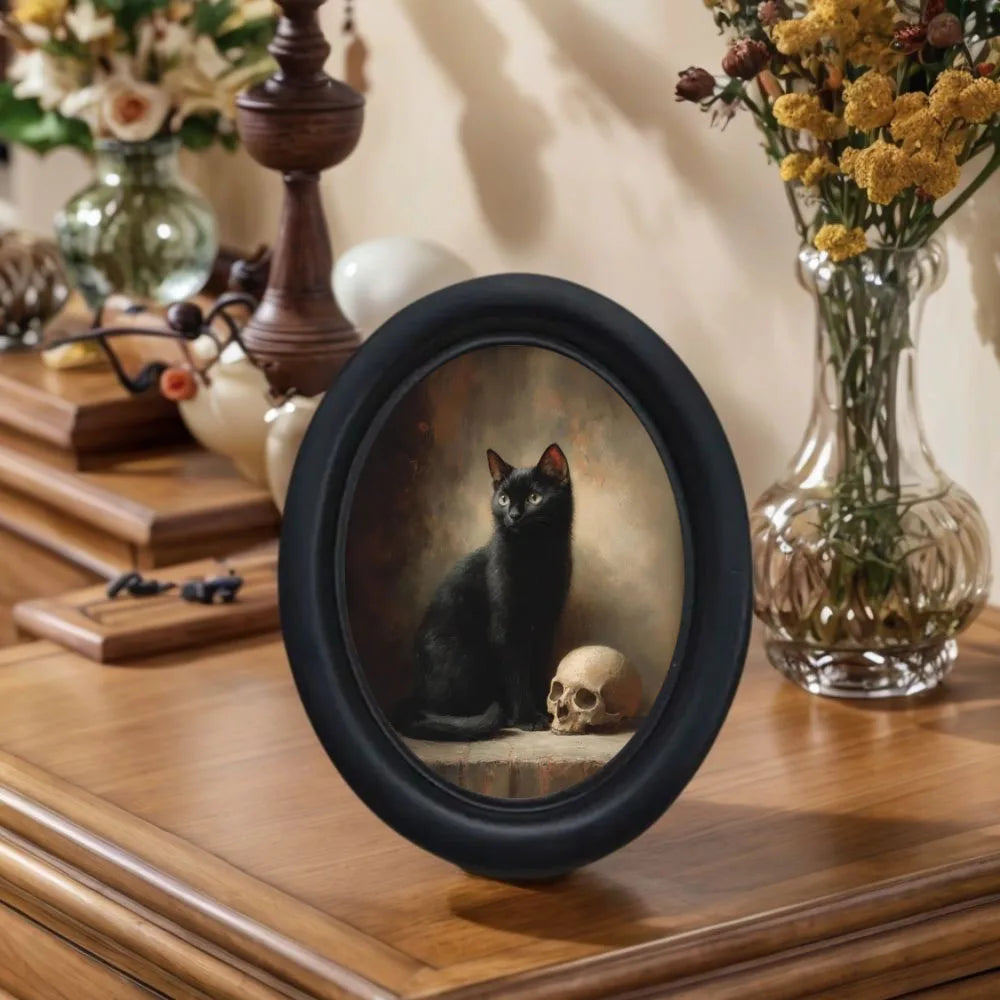 Black Cat and Skeleton Oval Picture Frame Wall Decoration – size and scale reference