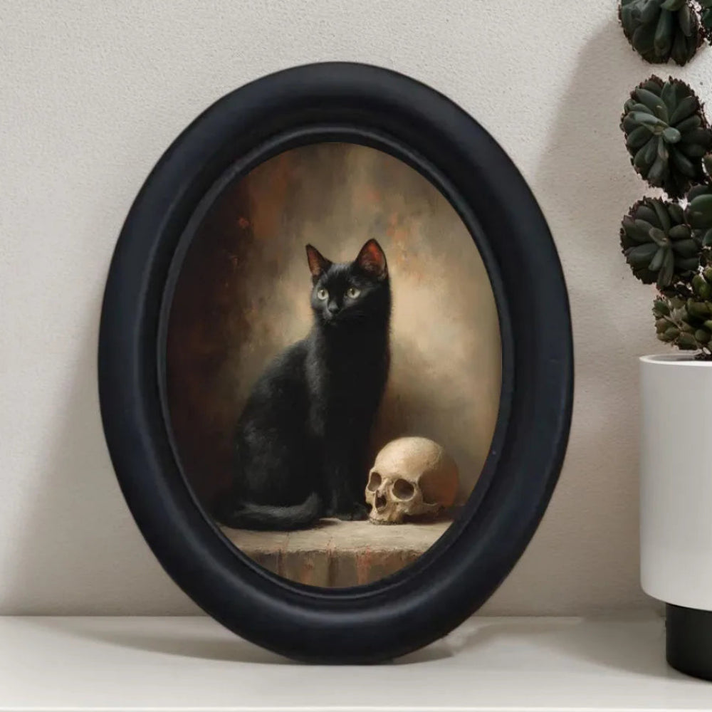 Black Cat and Skeleton Oval Picture Frame Wall Decoration – front view