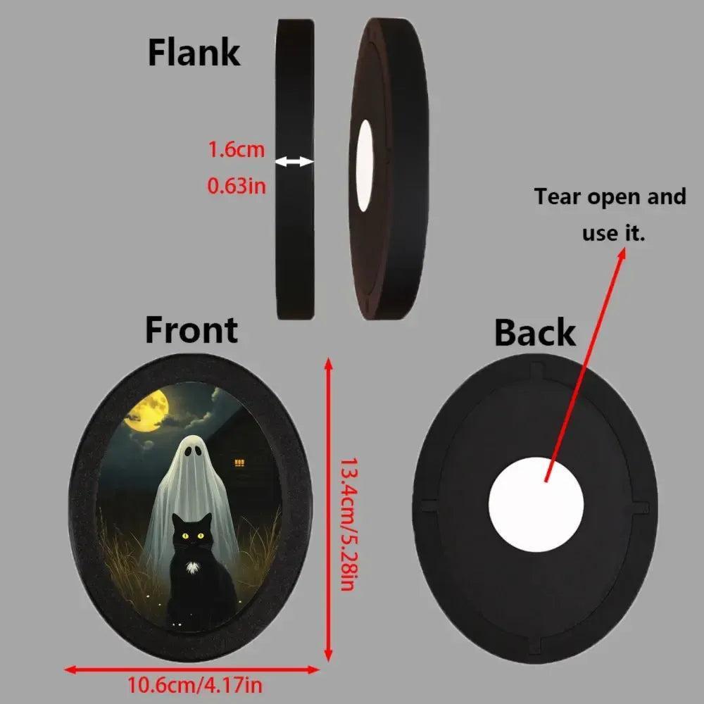Black Cat and Spooky Ghost Gothic Wooden Oval Frame - Witchy Oval Wall Art for Halloween Wall Decoration-MoonChildWorld