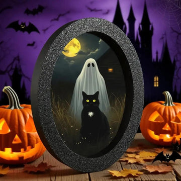 Black Cat and Spooky Ghost Gothic Wooden Oval Frame - Witchy Oval Wall Art for Halloween Wall Decoration-MoonChildWorld