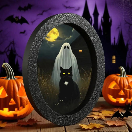 Black Cat and Spooky Ghost Gothic Wooden Oval Frame - Witchy Oval Wall Art for Halloween Wall Decoration-MoonChildWorld