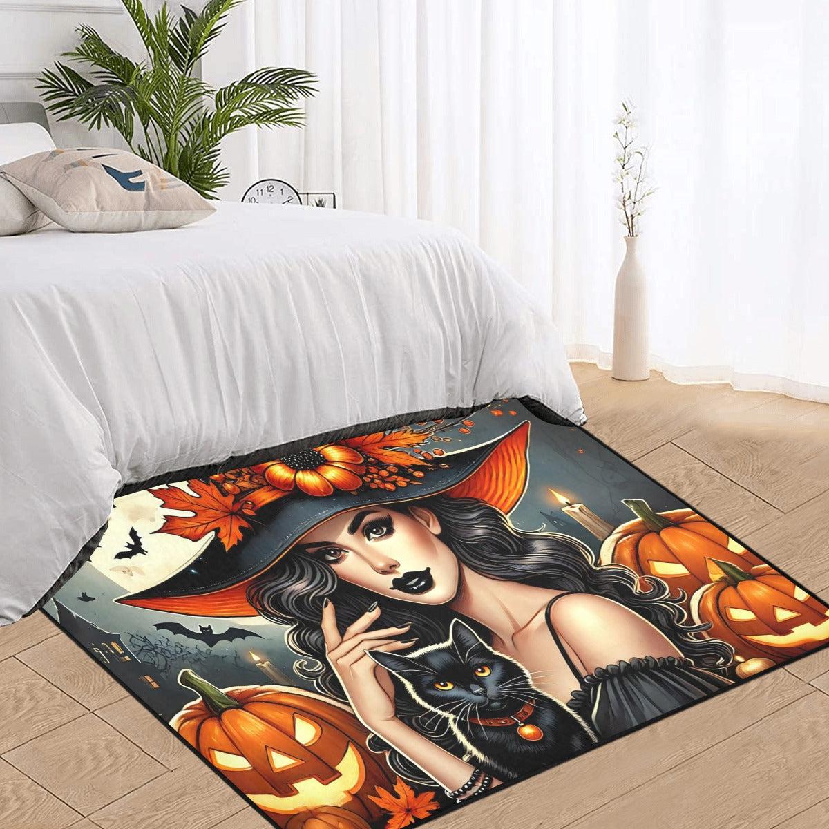 Black Cat and Witch Area Rug Gothic Carpet for Halloween-MoonChildWorld