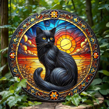 Black Cat at Sunset Metal Wall Art Black Cat Home Decor-MoonChildWorld