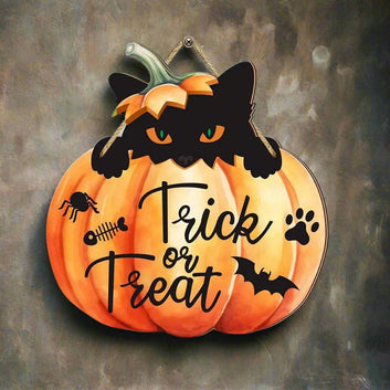 Black Cat in Pumpkin Trick or Treat Gothic Witch Wooden Sign for Halloween Home Decor-MoonChildWorld