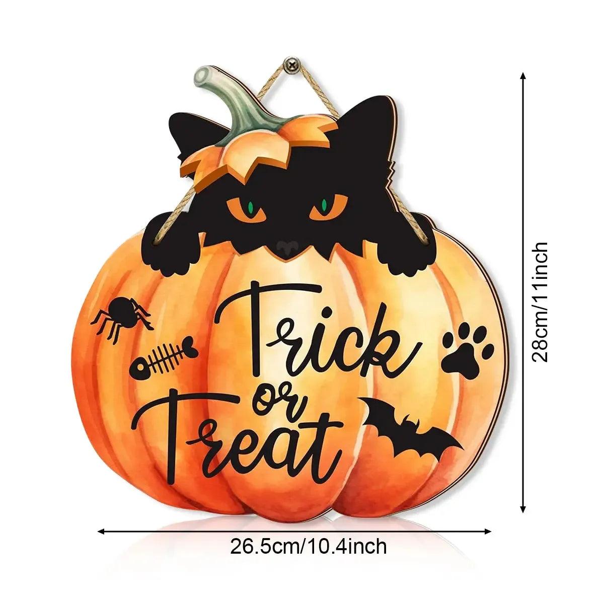 Black Cat in Pumpkin Trick or Treat Gothic Witch Wooden Sign for Halloween Home Decor-MoonChildWorld