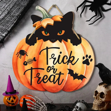 Black Cat in Pumpkin Trick or Treat Gothic Witch Wooden Sign for Halloween Home Decor-MoonChildWorld