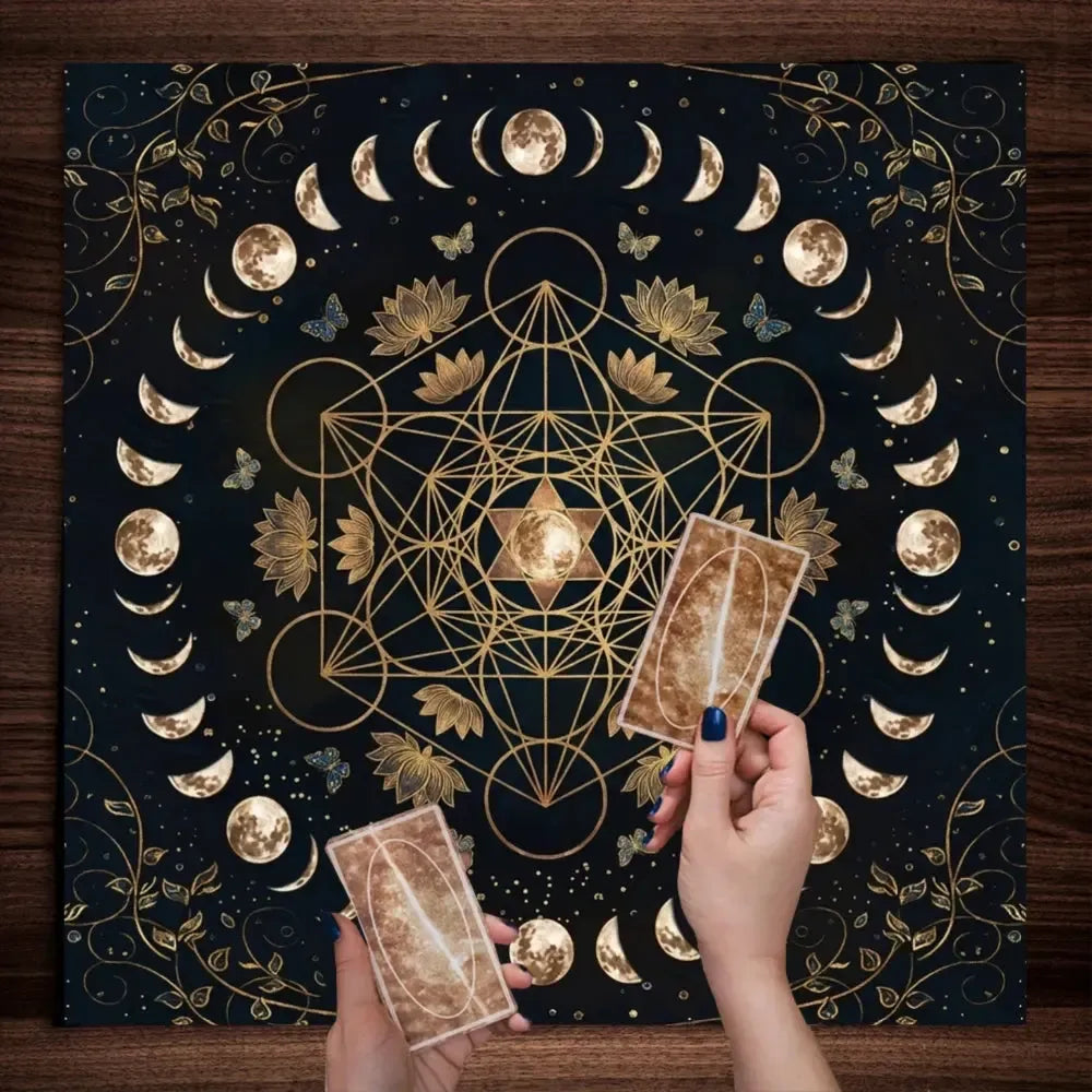 Metatron's Cube sacred geometry tarot mat black background – Pagan altar cloth for crystal grids