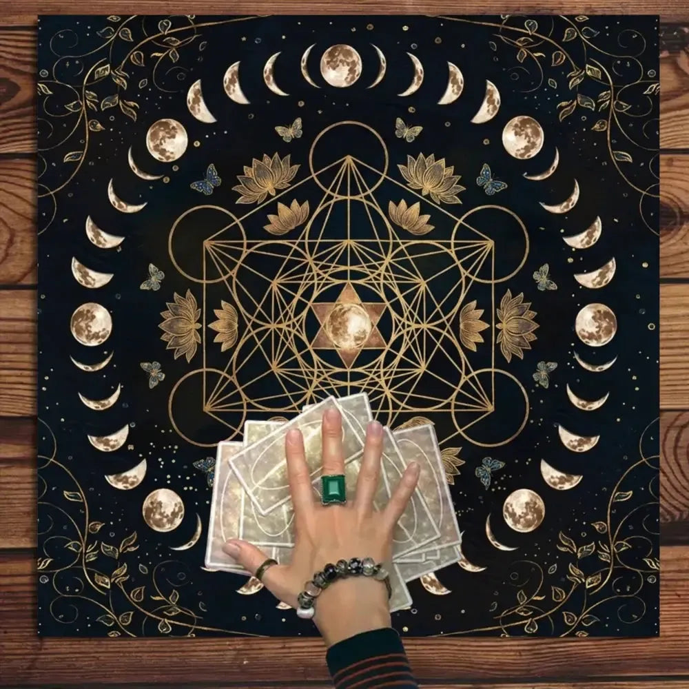 Black gold moon phase lotus altar cloth – witchcraft ritual mat for tarot and meditation