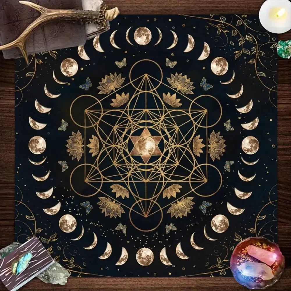 Black Crystal Energy Altar Cloth with Metatron's Cube and golden moon phases – Wiccan tarot ritual mat