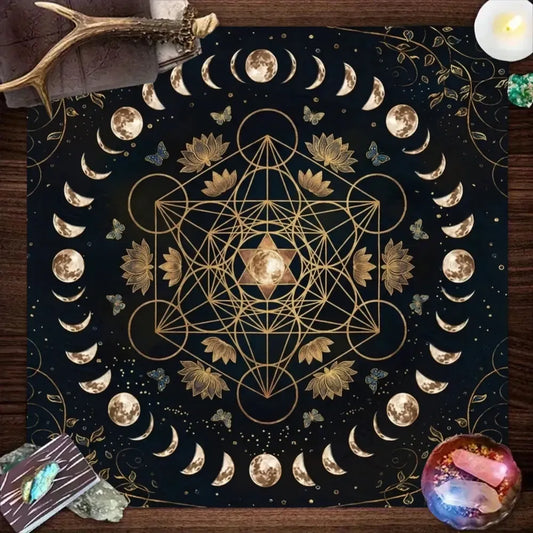 Black Crystal Energy Altar Cloth with Metatron's Cube and golden moon phases – Wiccan tarot ritual mat