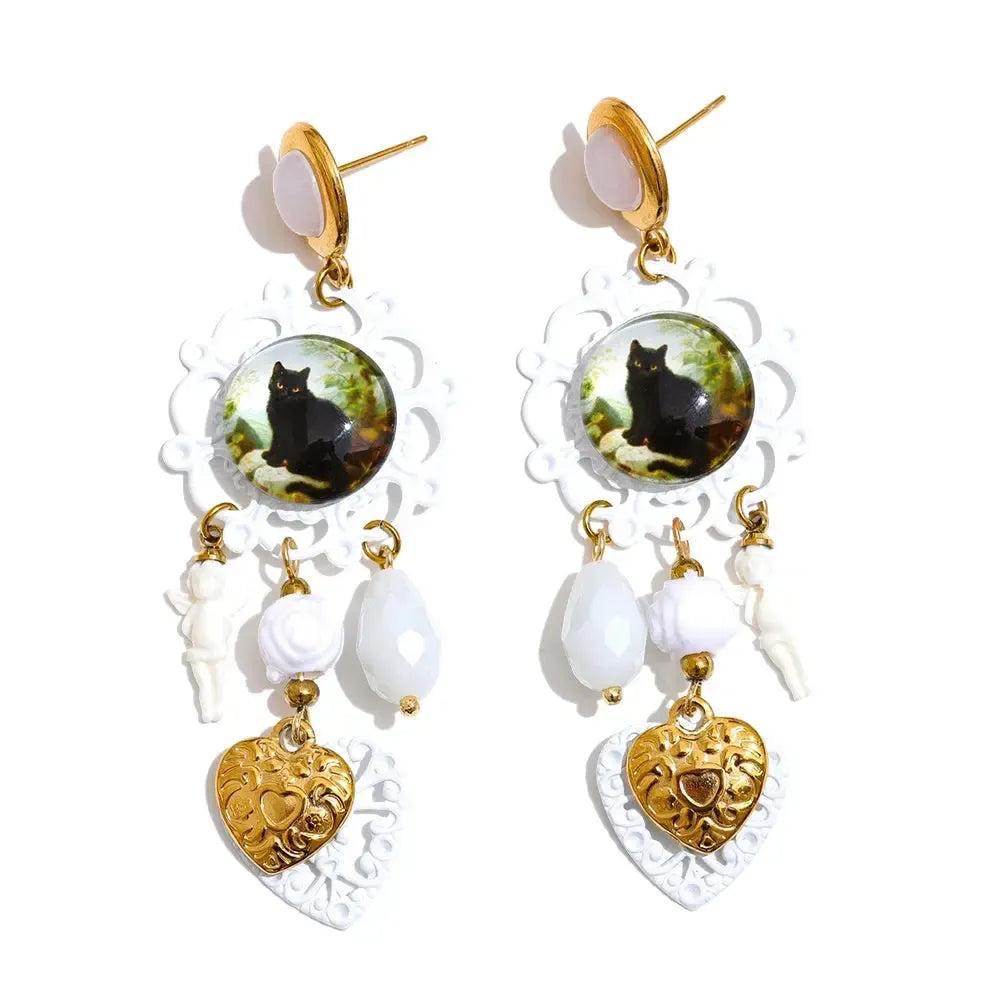 Black Crystal Occult Cat Heart Drop Earrings Witch Jewelry-MoonChildWorld