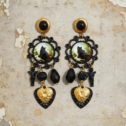 Black Crystal Occult Cat Heart Drop Earrings Witch Jewelry-MoonChildWorld
