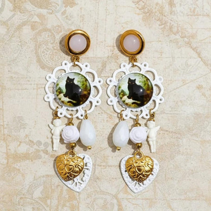 Black Crystal Occult Cat Heart Drop Earrings Witch Jewelry-MoonChildWorld