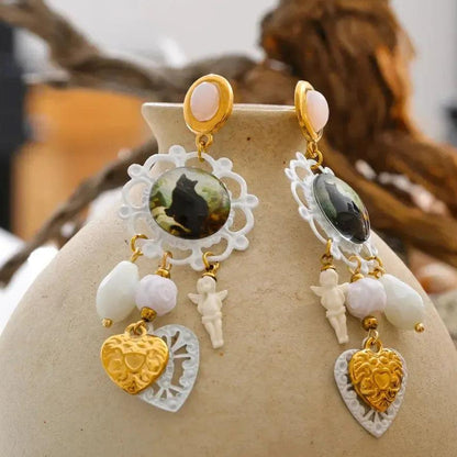 Black Crystal Occult Cat Heart Drop Earrings Witch Jewelry-MoonChildWorld