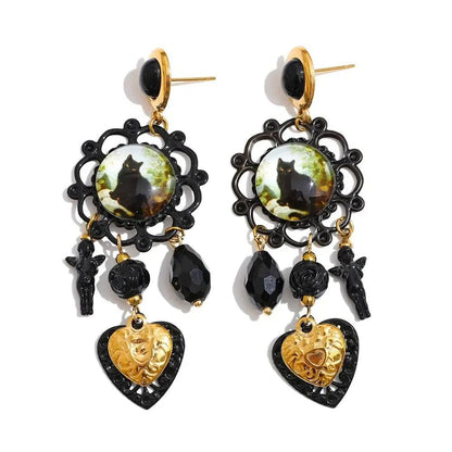 Black Crystal Occult Cat Heart Drop Earrings Witch Jewelry-MoonChildWorld