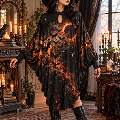 Black Flame Bat Eclipse Gothic Batwing Dress – Halloween Witchy Midi – worn, front view