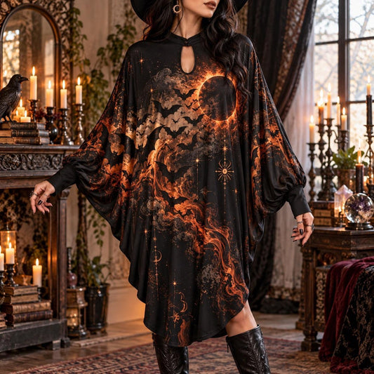 Black Flame Bat Eclipse Gothic Batwing Dress – Halloween Witchy Midi – worn, front view