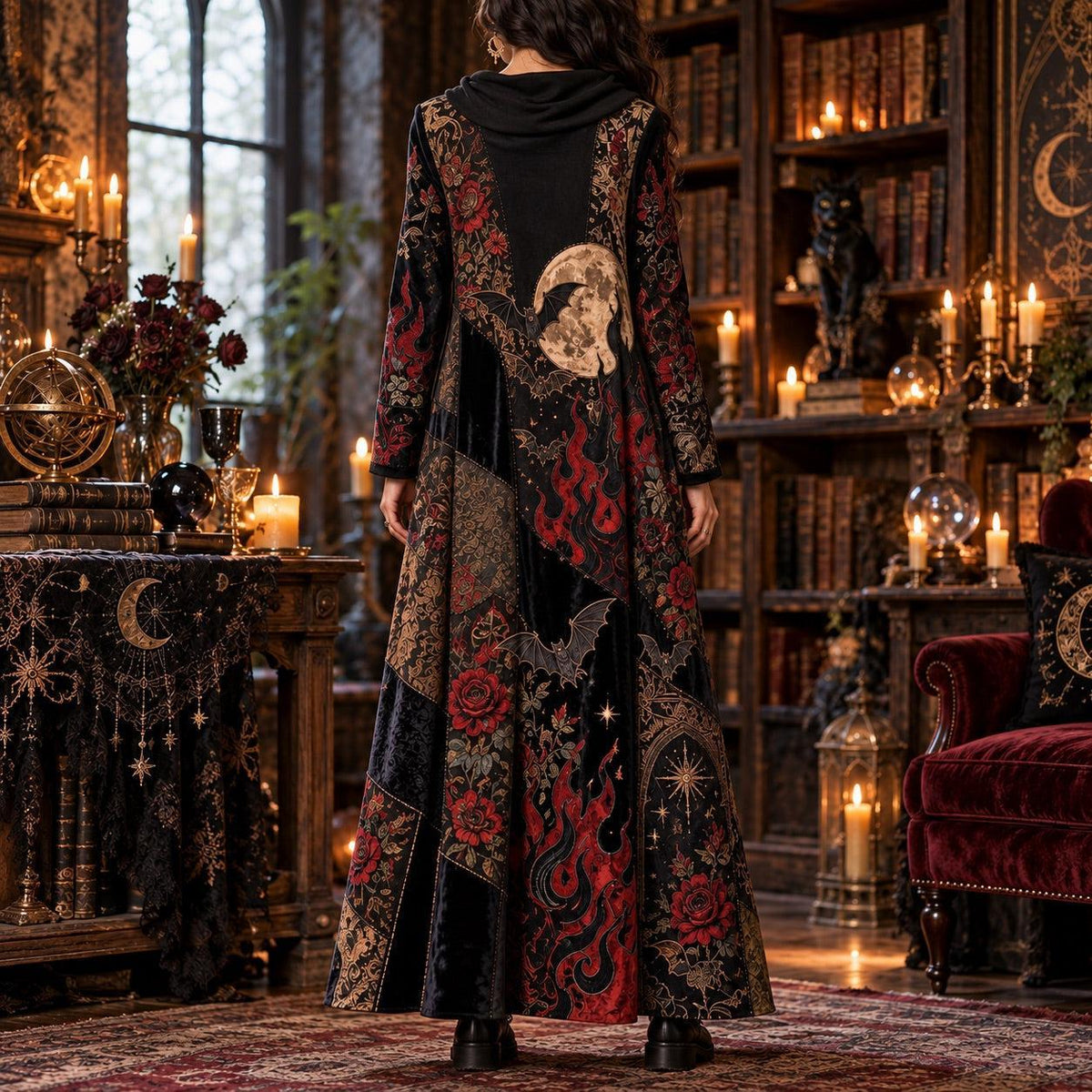 Black Flame Bat Garden Gothic Cowl Neck Dress – Witchy Rose Maxi – close up of the printed artwork