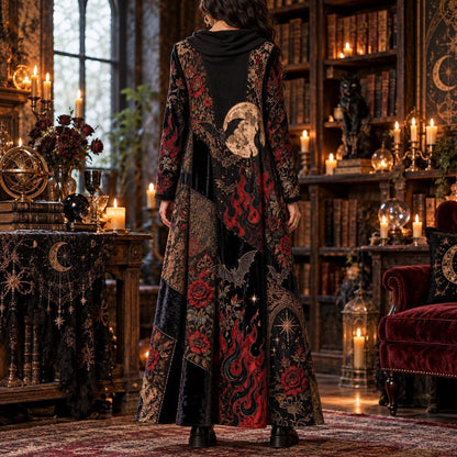 Black Flame Bat Garden Gothic Cowl Neck Dress – Witchy Rose Maxi – close up of the printed artwork