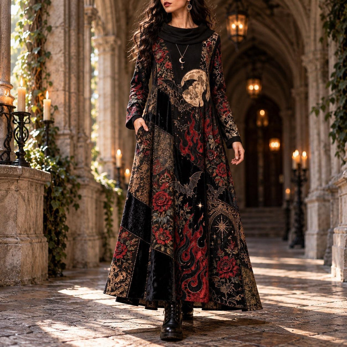 Black Flame Bat Garden Gothic Cowl Neck Dress – Witchy Rose Maxi – worn, in motion