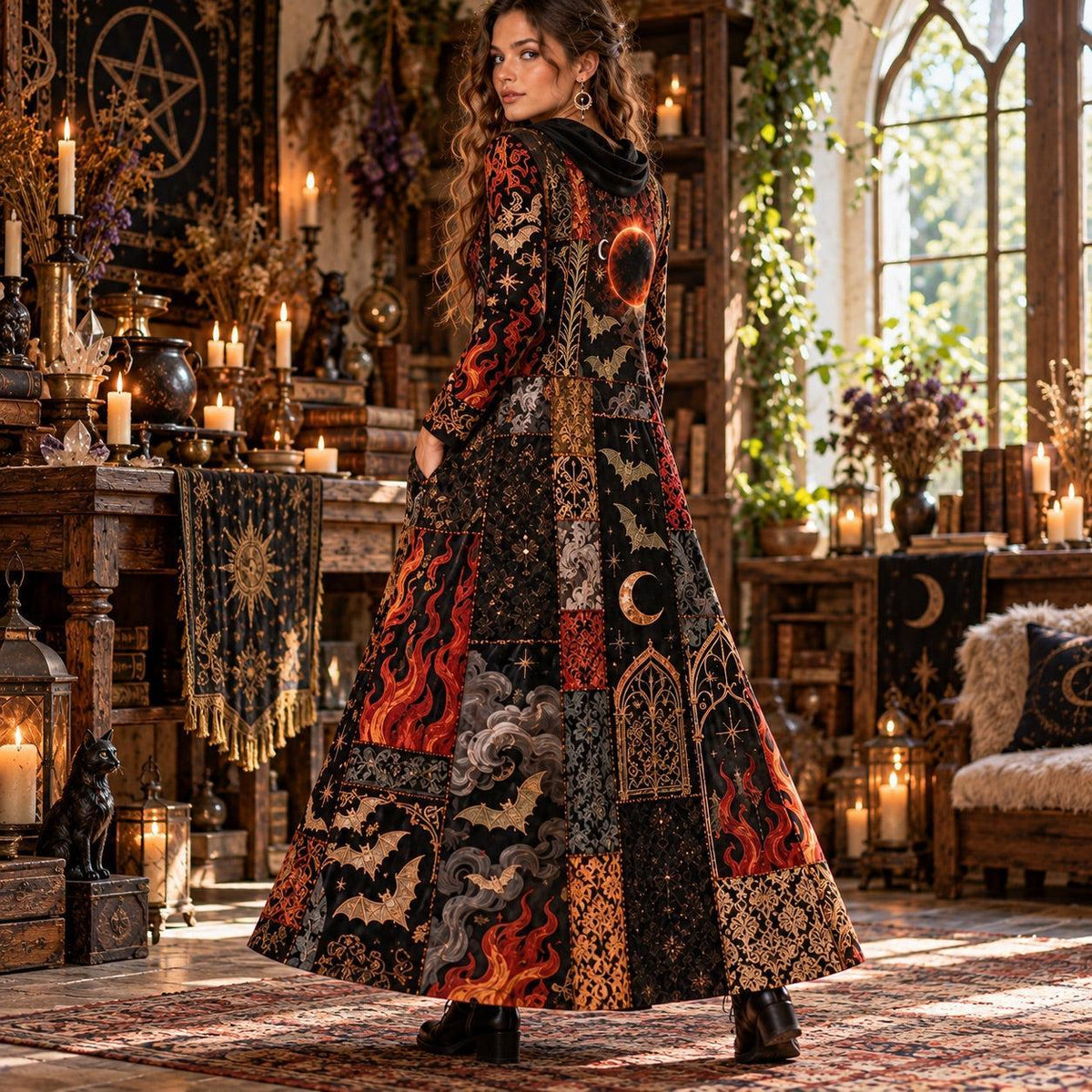 Black Flame Eclipse Bat Gothic Cowl Neck Dress – Witchy Patchwork Maxi – worn, three quarter view