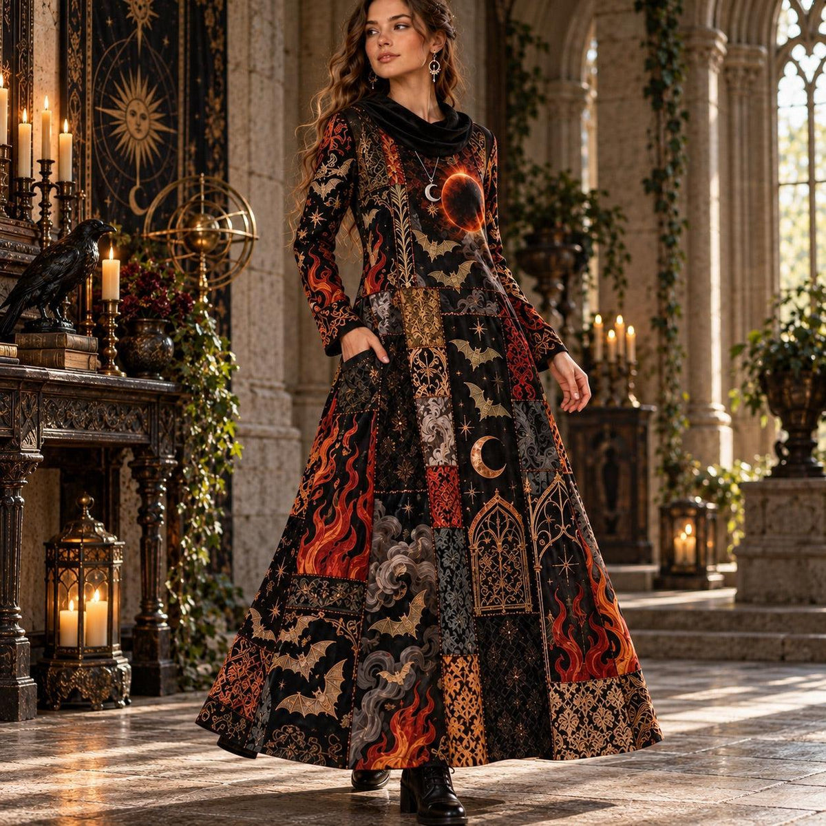 Black Flame Eclipse Bat Gothic Cowl Neck Dress – Witchy Patchwork Maxi – worn, in motion