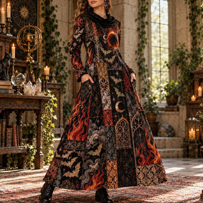 Black Flame Eclipse Bat Gothic Cowl Neck Dress – Witchy Patchwork Maxi – worn, front view