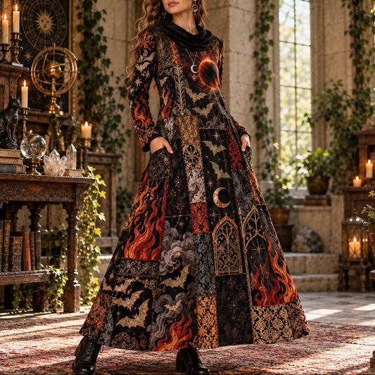 Black Flame Eclipse Bat Gothic Cowl Neck Dress – Witchy Patchwork Maxi – worn, front view