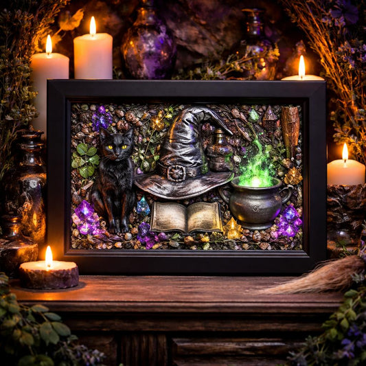 Black Framed Gothic Black Cat & Witchy Hat Wall Art - Halloween Canvas Print for Witch House Decor-MoonChildWorld
