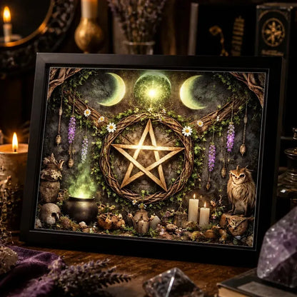 Black Framed Pentacle & Triple Moon Wall Art - Wicca and Pagan Canvas for Witch Home Decor_mockup_3.webp