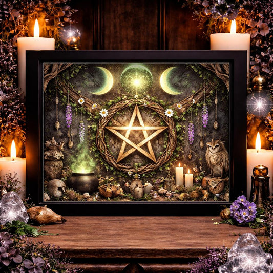 Black framed Wiccan wall art with a wooden pentacle wreath, triple moon, and mystical forest scene.