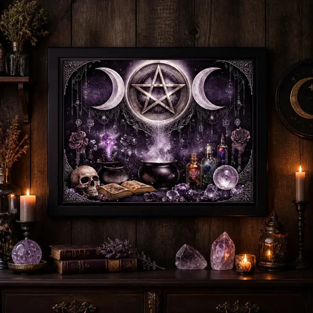Black Framed Triple Moon Witchy Wall Art - Wiccan Canvas Print for Gothic Spiritual Decor_mockup_2.webp
