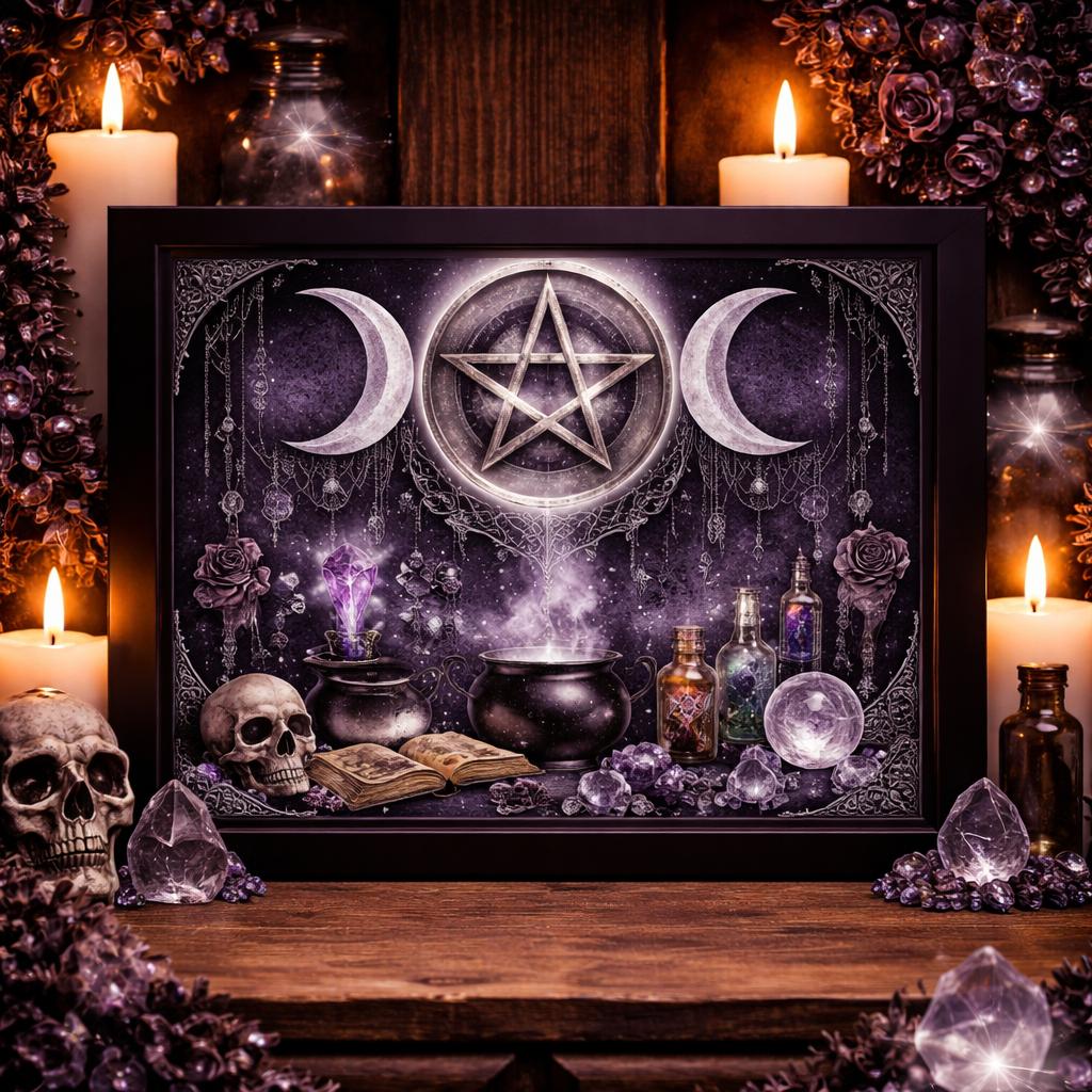 Black Framed Triple Moon Witchy Wall Art - Wiccan Canvas Print for Gothic Spiritual Decor-MoonChildWorld
