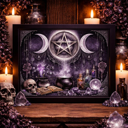 Black Framed Triple Moon Witchy Wall Art - Wiccan Canvas Print for Gothic Spiritual Decor-MoonChildWorld