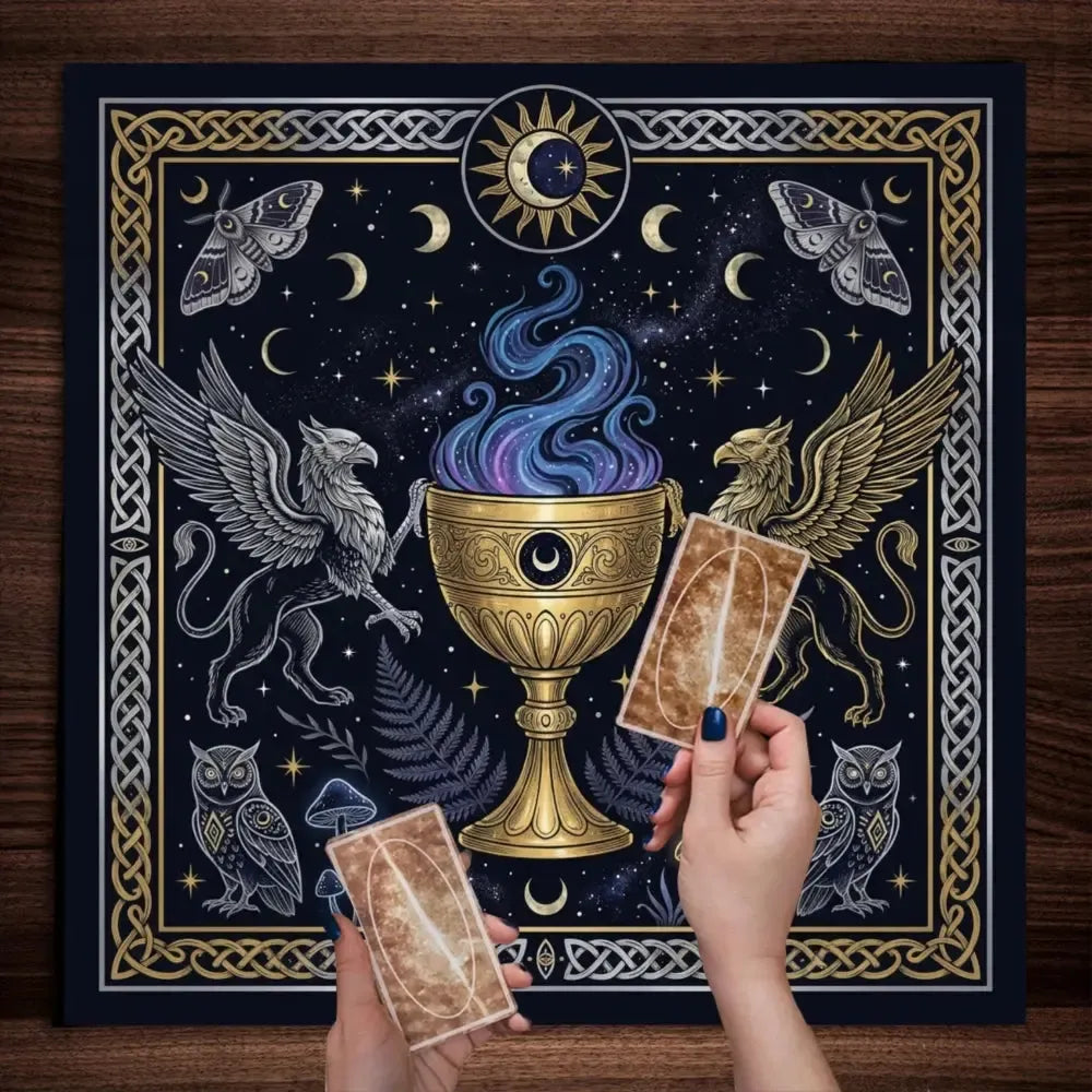 Black gold arcane altar cloth griffin owl potion cup – Pagan dark magic divination mat