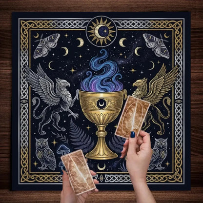 Black gold arcane altar cloth griffin owl potion cup – Pagan dark magic divination mat
