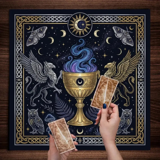 Black gold arcane altar cloth griffin owl potion cup – Pagan dark magic divination mat