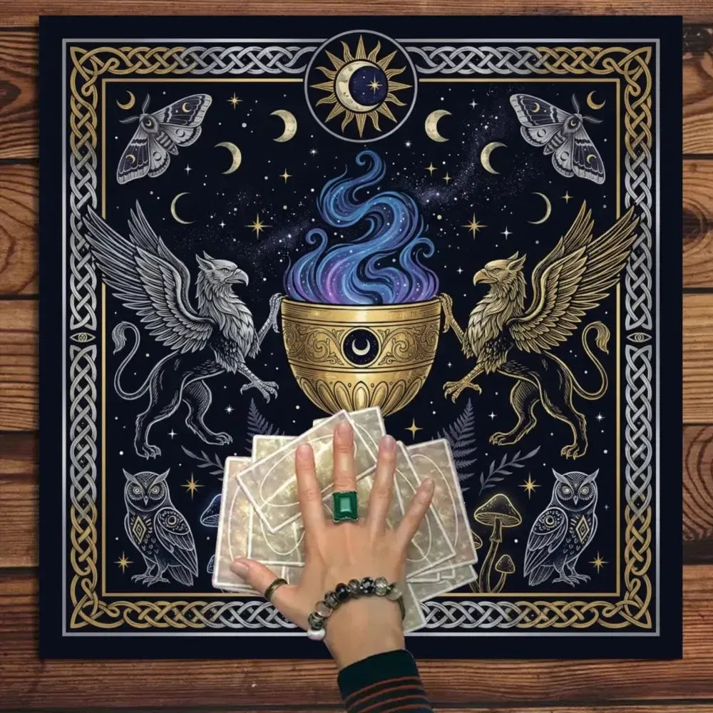 Dark gold arcane ritual mat Celtic border moon stars – Wiccan witchcraft tarot meditation cloth