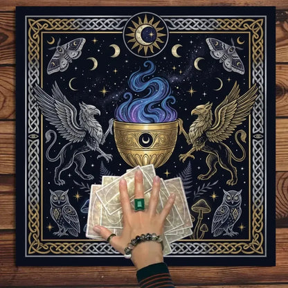 Dark gold arcane ritual mat Celtic border moon stars – Wiccan witchcraft tarot meditation cloth
