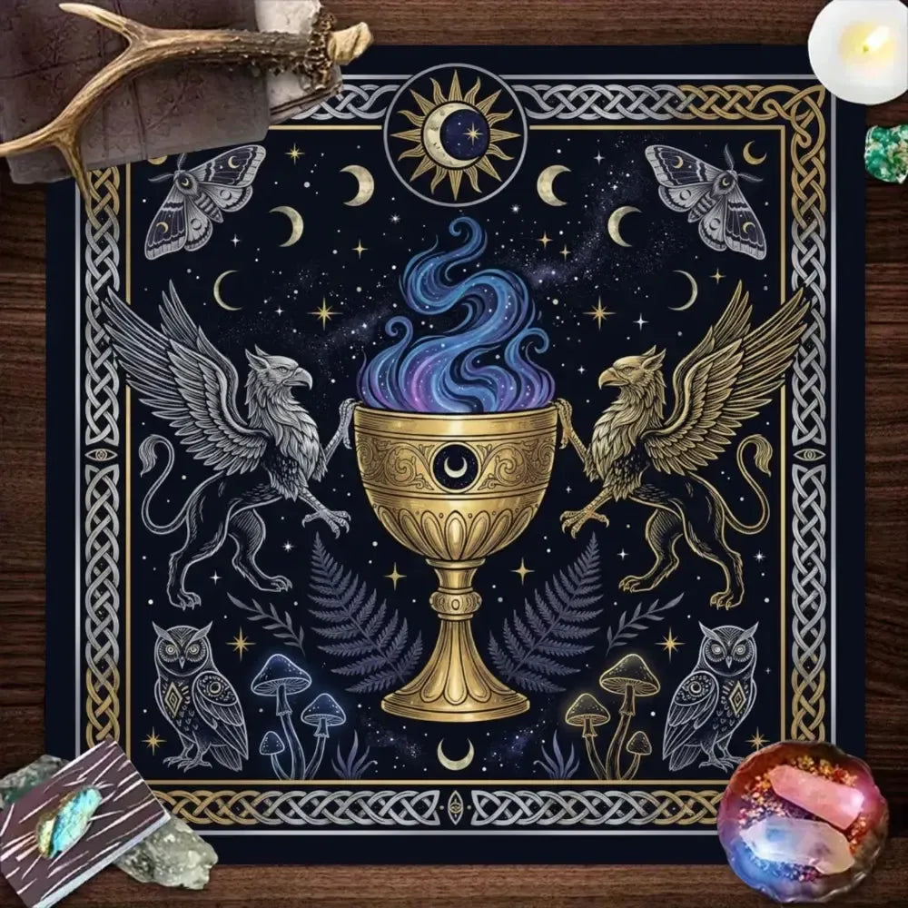 Black and Gold Arcane Altar Cloth with griffin owl moon and Celtic border – witchcraft tarot ritual mat