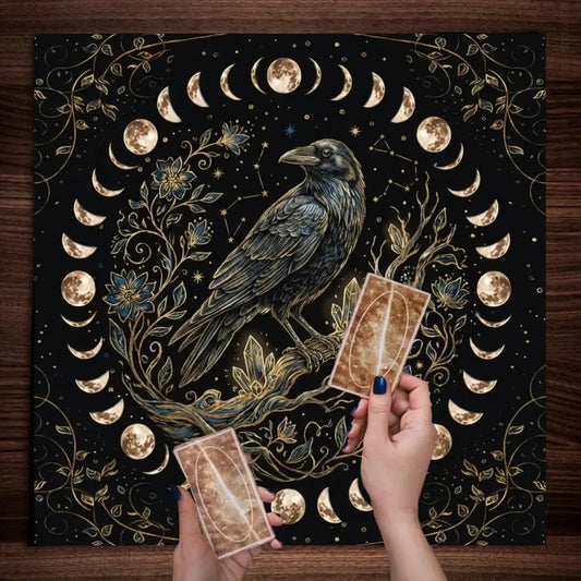 Gothic raven moon phase floral altar cloth black gold – Pagan Halloween divination mat