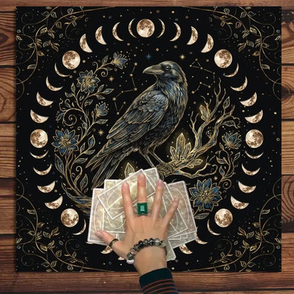 Dark witch altar cloth with raven and lunar cycle – Wiccan tarot ritual decor