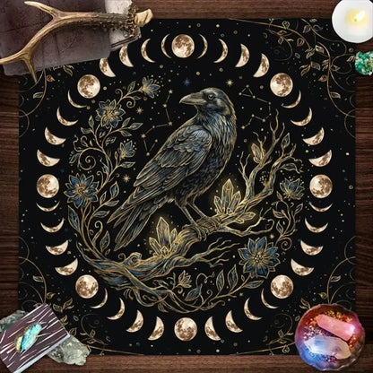 Black and Gold Moon Phase Raven Altar Cloth – witchcraft divination tarot mat for Wiccan ritual