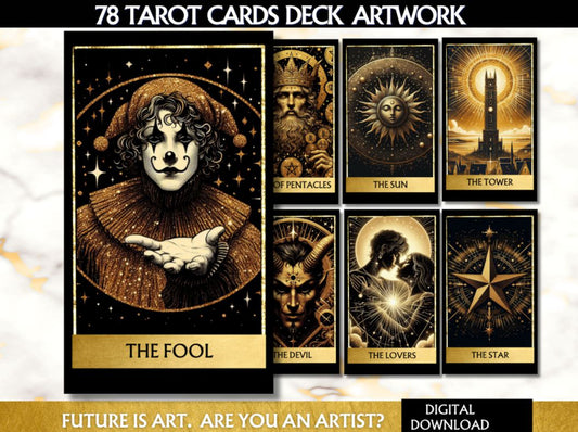 78 Black Gold Tarot Cards Digital File